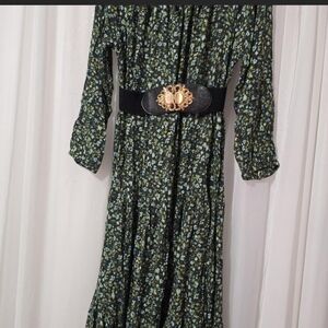 Amazon Olive Green Floral Maxi Dress with Blue Accents
